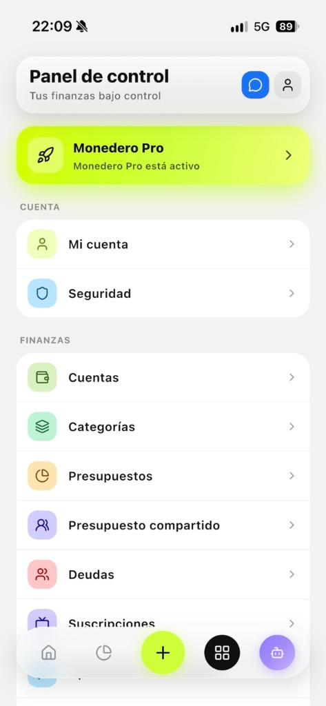 Monedero control panel